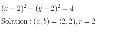 The solution to (x-2)^2+(y-2)^2=4 is Circle with (a,b)=(2,2),r=2